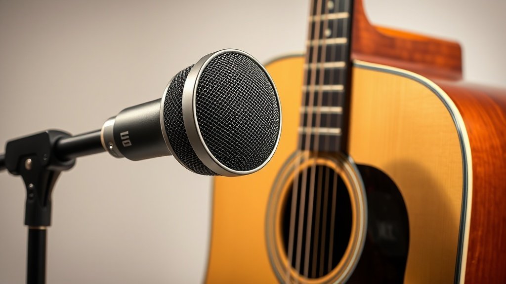 Professional large diaphragm condenser microphone positioned close to acoustic guitar body on clean studio background with soft side lighting creating subtle shadows and highlighting the microphone grille and body details in photorealistic style