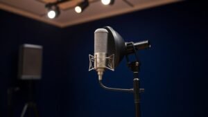 Professional large diaphragm condenser microphone on boom stand positioned at optimal angle in clean recording studio environment with soft directional lighting against deep navy background showcasing proper microphone placement technique