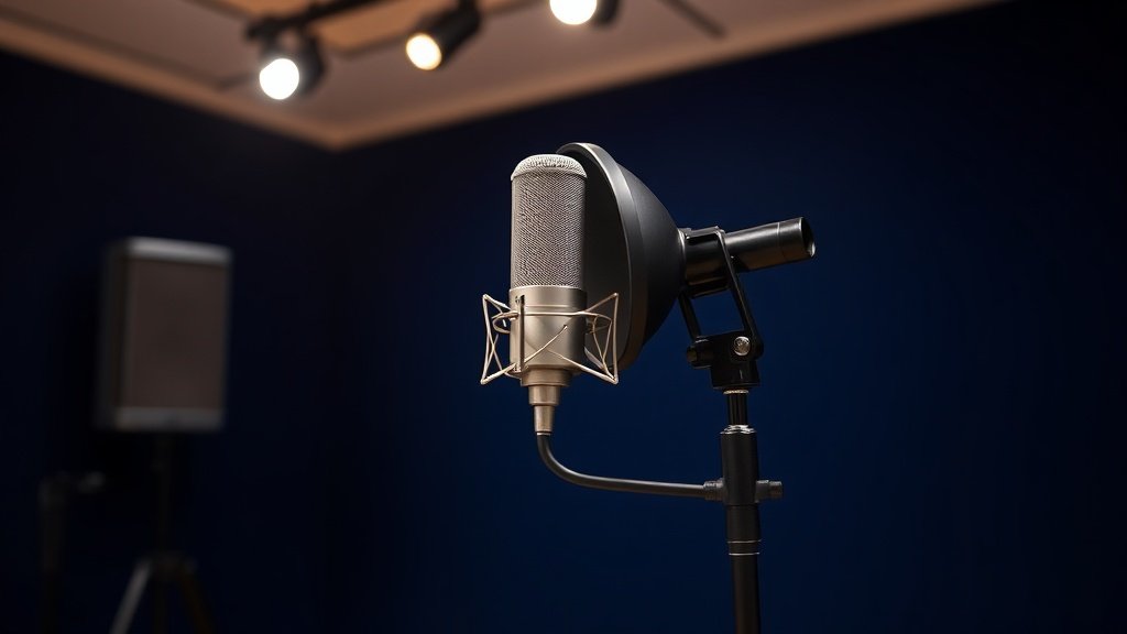 Professional large diaphragm condenser microphone on boom stand positioned at optimal angle in clean recording studio environment with soft directional lighting against deep navy background showcasing proper microphone placement technique