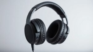Professional open-back headphones on clean studio background showing exposed driver grilles and acoustic ports. Side angle reveals perforated housing design allowing sound transmission. Soft lighting emphasizes technical construction details and premium materials.