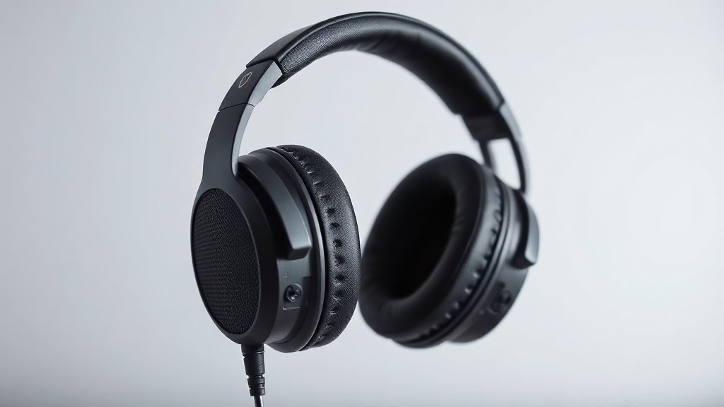 Professional open-back headphones on clean studio background showing exposed driver grilles and acoustic ports. Side angle reveals perforated housing design allowing sound transmission. Soft lighting emphasizes technical construction details and premium materials.