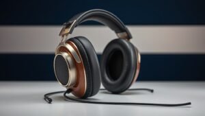 High-end open-back headphones positioned on clean studio surface with deep navy background. Premium wood and metal construction visible. Professional side lighting reveals driver detail through open grille. Luxurious materials and precise engineering craftsmanship emphasised.