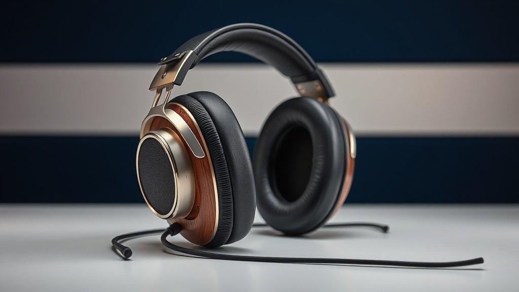 High-end open-back headphones positioned on clean studio surface with deep navy background. Premium wood and metal construction visible. Professional side lighting reveals driver detail through open grille. Luxurious materials and precise engineering craftsmanship emphasised.