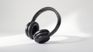 Modern wireless headphones on clean white studio background with soft side lighting. Single premium black over-ear headphones positioned at slight angle. Minimal product photography style with subtle shadows. 16:9 horizontal format.
