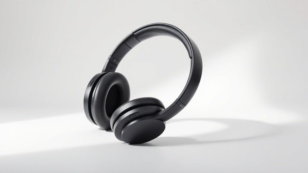 Modern wireless headphones on clean white studio background with soft side lighting. Single premium black over-ear headphones positioned at slight angle. Minimal product photography style with subtle shadows. 16:9 horizontal format.