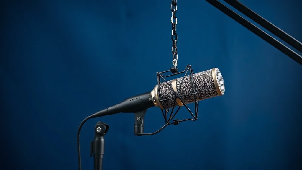 Professional shock mount holding a large diaphragm condenser microphone against clean navy blue studio background with soft side lighting creating gentle shadows on the elastic suspension bands and metal frame