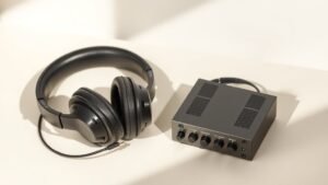 Modern high-impedance studio headphones positioned next to a compact headphone amplifier on clean off-white surface with soft side lighting creating subtle shadows
