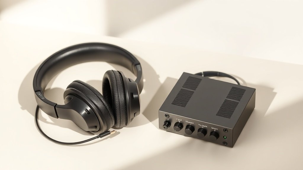 Modern high-impedance studio headphones positioned next to a compact headphone amplifier on clean off-white surface with soft side lighting creating subtle shadows