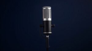 Professional condenser microphone on studio stand against deep navy background. Side lighting highlights silver capsule and body details. Modern minimal product photography with soft shadows. Clean technical aesthetic showing microphone engineering precision.