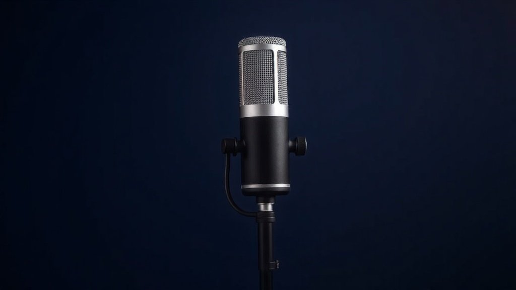 Professional condenser microphone on studio stand against deep navy background. Side lighting highlights silver capsule and body details. Modern minimal product photography with soft shadows. Clean technical aesthetic showing microphone engineering precision.