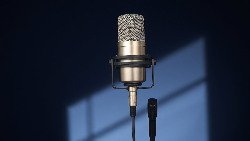 Professional dynamic microphone on studio stand against deep navy background with soft side lighting creating subtle shadows on brushed metal grille and body