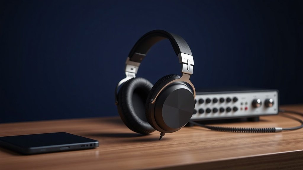 Professional reference headphones on clean wooden studio desk with deep navy background. Soft side lighting emphasises premium materials and precise engineering. Modern minimal product photography highlighting audio monitoring equipment.