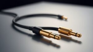 High quality headphone cable with gold plated connectors on clean studio surface. Deep navy background with soft side lighting highlighting cable construction details and connector finish. Professional product photography showcasing cable build quality.