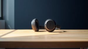 Professional studio headphones resting on clean wooden desk surface with soft natural lighting from left side. Deep navy background. Padded ear cups and adjustable headband clearly visible. Modern minimal composition.