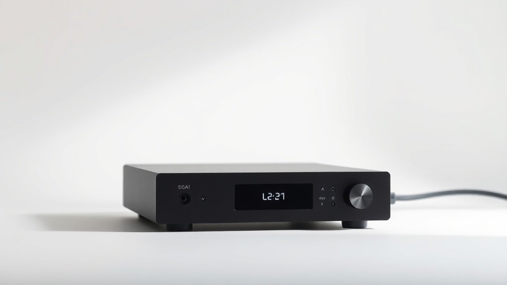 Modern DAC unit on clean white studio background with soft side lighting. Sleek black rectangular device with minimal LED indicators and single USB cable. Professional product photography with shallow depth of field.