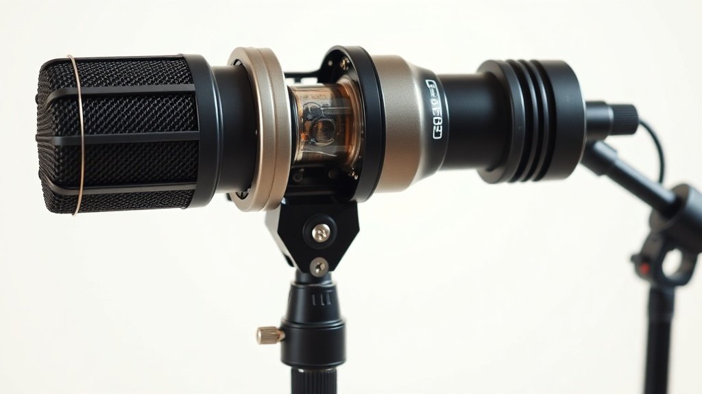 Professional studio microphone with visible tube electronics in cutaway view, positioned on clean off-white background with soft side lighting, modern minimal product photography style, photorealistic detail, horizontal 16:9 composition