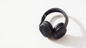 Premium wireless headphones on clean off-white background with soft side lighting. Modern black over-ear design with visible Bluetooth connectivity indicators. Professional product photography style. Clean minimal composition with subtle shadows.