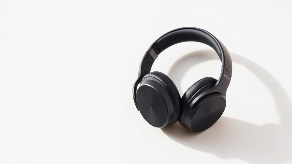 Premium wireless headphones on clean off-white background with soft side lighting. Modern black over-ear design with visible Bluetooth connectivity indicators. Professional product photography style. Clean minimal composition with subtle shadows.