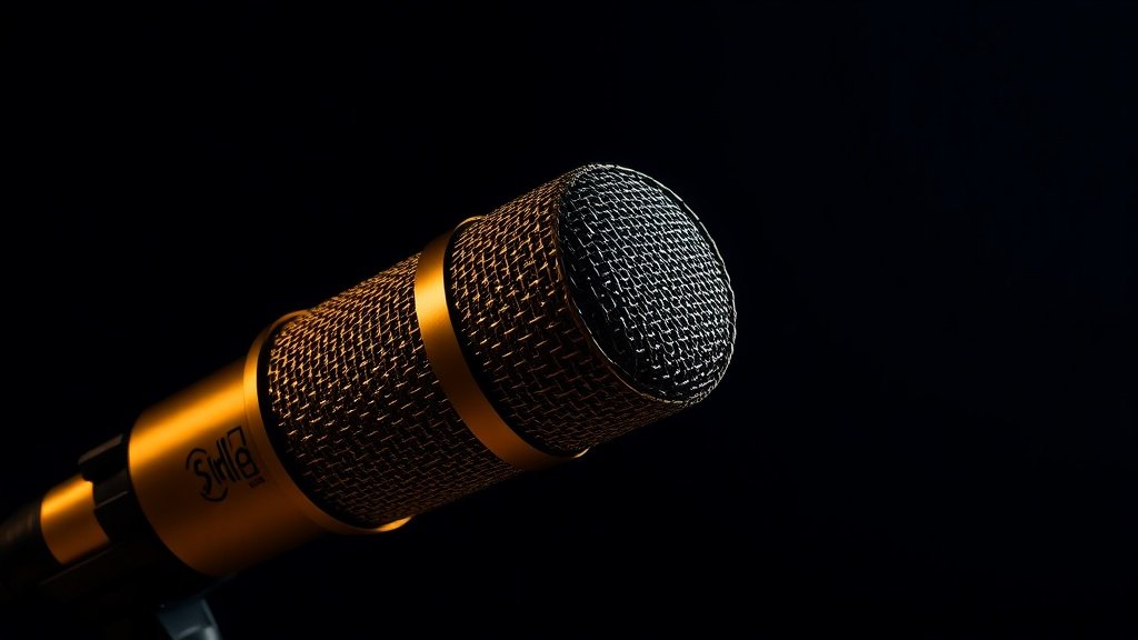 Professional large-diaphragm condenser microphone positioned at slight angle against deep navy studio background showing gold-plated capsule and mesh grille with soft dramatic side lighting creating gentle shadows across metallic surfaces