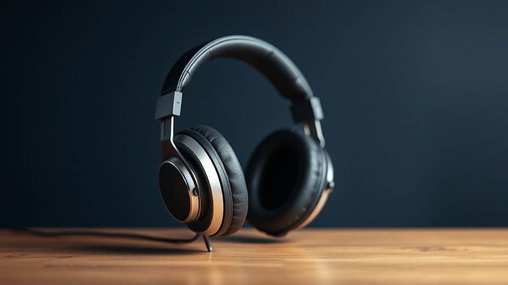 Professional studio headphones on clean wooden desk surface against deep navy background. Open-back design visible with detailed driver housing. Soft side lighting creates gentle shadows. Modern minimal composition with shallow depth of field highlighting headphone craftsmanship.