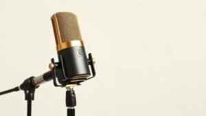 Professional large-diaphragm condenser microphone positioned vertically against clean off-white studio background. Soft side lighting reveals gold-plated capsule and premium metal construction. Modern minimal product photography with subtle shadows.