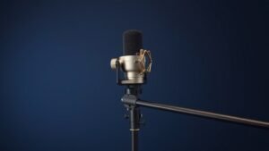 Professional shotgun microphone mounted on boom pole against clean deep navy studio background with soft side lighting creating gentle shadows on brushed metal finish and windscreen