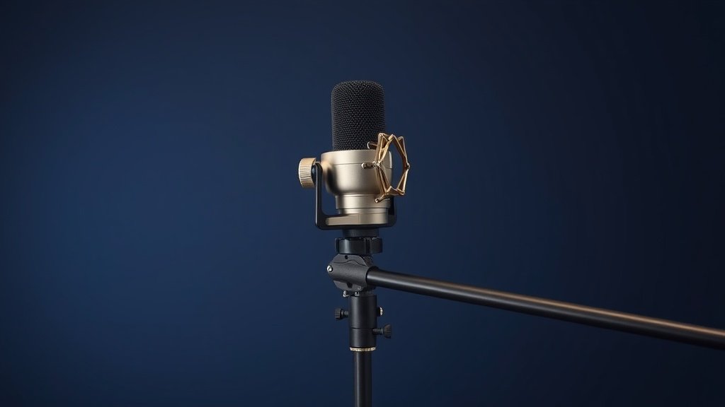 Professional shotgun microphone mounted on boom pole against clean deep navy studio background with soft side lighting creating gentle shadows on brushed metal finish and windscreen