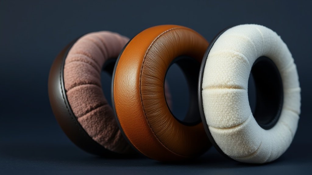 Close-up macro shot of three different headphone ear pads arranged in a row showing velour fabric leather and memory foam materials with detailed texture visible under soft studio lighting against clean navy background