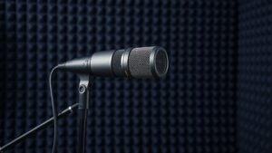Professional large diaphragm condenser microphone on boom stand positioned very close to acoustic foam treatment background. Deep navy studio backdrop. Clean minimal product photography with soft side lighting highlighting the mesh grille and body details.