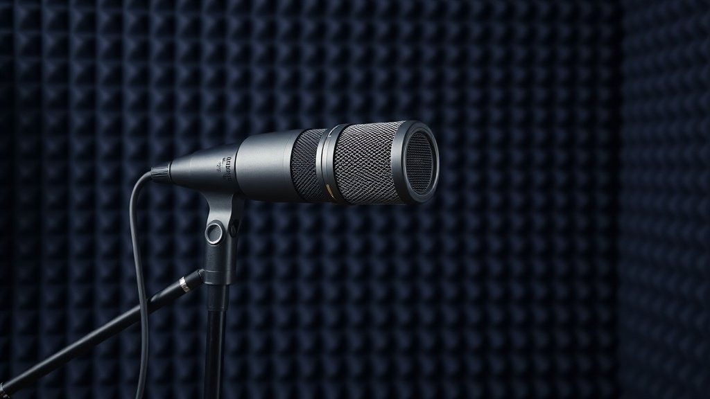 Professional large diaphragm condenser microphone on boom stand positioned very close to acoustic foam treatment background. Deep navy studio backdrop. Clean minimal product photography with soft side lighting highlighting the mesh grille and body details.