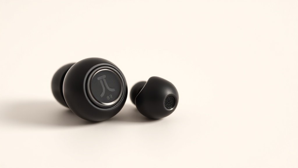 Close-up product shot of premium true wireless earbuds on clean off-white studio background. One earbud positioned to show inner sensor area. Soft directional lighting reveals subtle detail and technology components. Modern minimal composition with shallow depth of field.