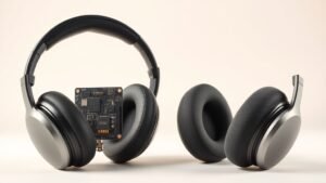Modern over-ear headphones with visible noise cancelling technology components split view showing active electronics circuit board on one side and passive foam padding materials on the other side against clean off-white studio background with soft directional lighting