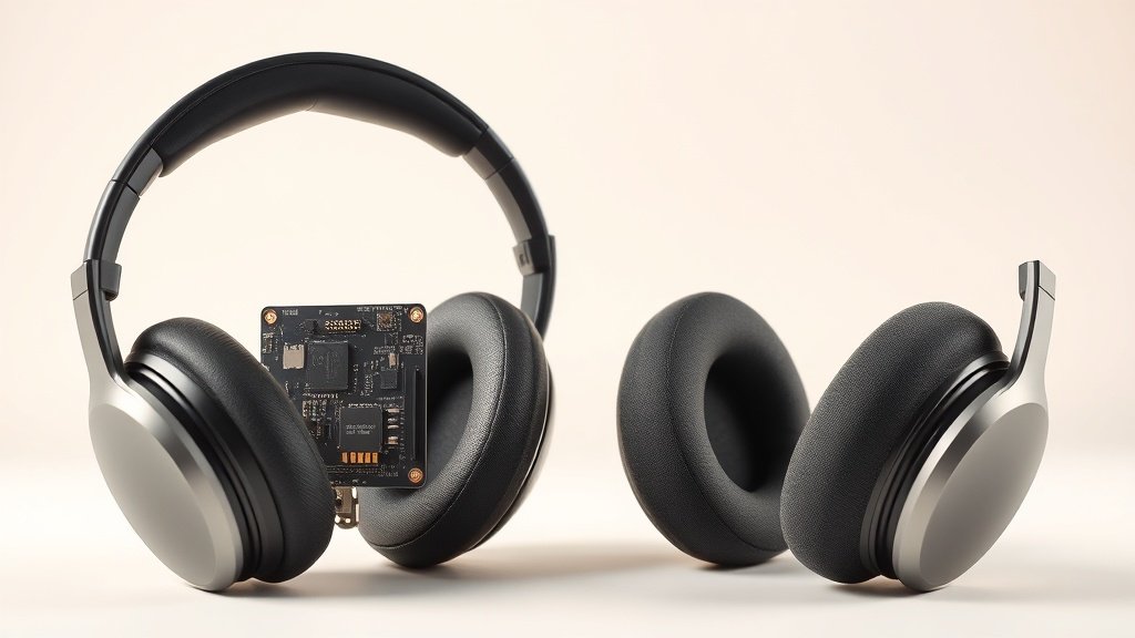 Modern over-ear headphones with visible noise cancelling technology components split view showing active electronics circuit board on one side and passive foam padding materials on the other side against clean off-white studio background with soft directional lighting