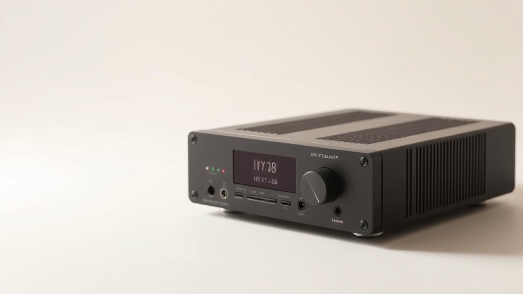 Professional digital audio converter on clean off-white studio background with soft side lighting. Modern black rectangular DAC unit with LED indicators and connection ports visible. Minimal composition showcasing premium audio equipment build quality.
