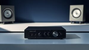 Professional headphone amplifier unit on clean studio desk with deep navy background. Modern black metal chassis with volume knob and output jack visible. Soft side lighting creates subtle shadows. Minimal composition with generous white space around edges.