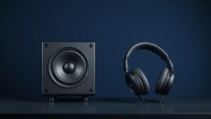 Professional studio monitors and open-back headphones side by side on a clean audio desk. Deep navy background with soft side lighting highlighting the drivers and acoustic design. Modern minimal product photography in 16:9 horizontal format.