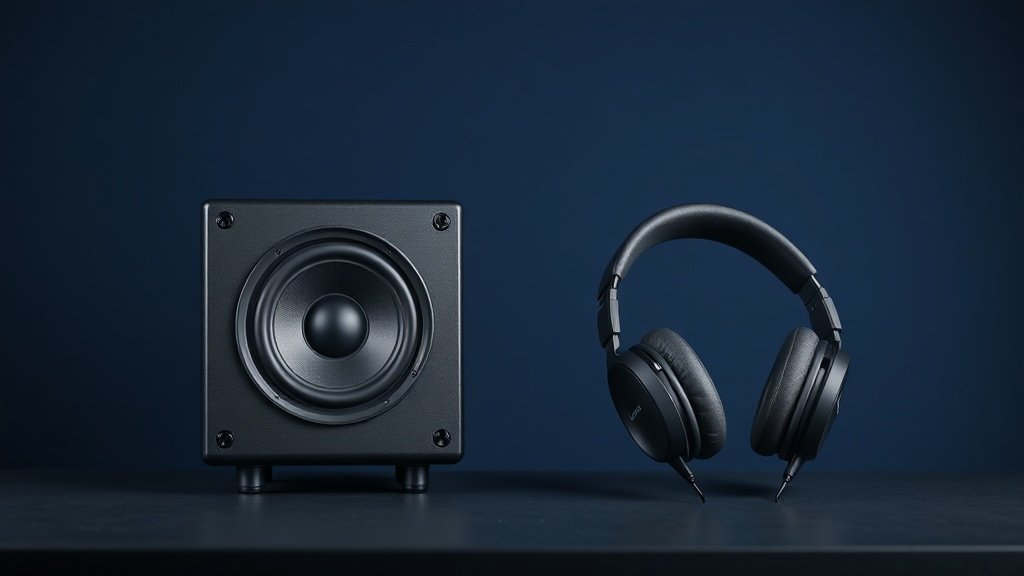 Professional studio monitors and open-back headphones side by side on a clean audio desk. Deep navy background with soft side lighting highlighting the drivers and acoustic design. Modern minimal product photography in 16:9 horizontal format.