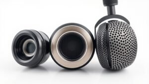 Close-up macro photograph of three different headphone drivers side by side on clean white background. Dynamic driver with cone diaphragm, planar magnetic with rectangular membrane, electrostatic with perforated metal stators. Soft directional lighting highlighting technical details and materials. Professional product photography style.