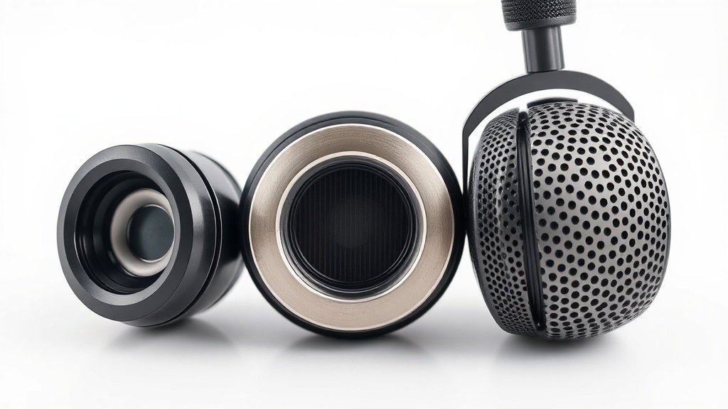 Close-up macro photograph of three different headphone drivers side by side on clean white background. Dynamic driver with cone diaphragm, planar magnetic with rectangular membrane, electrostatic with perforated metal stators. Soft directional lighting highlighting technical details and materials. Professional product photography style.