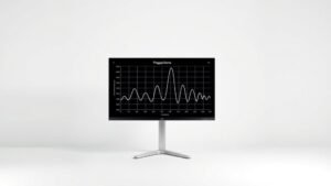 Clean white studio background with a professional headphone frequency response measurement graph displayed on a high resolution monitor. The graph shows typical frequency response curves with clear axis labels. Soft even lighting from the left side creates subtle shadows. Modern minimal aesthetic with deep focus throughout the frame.