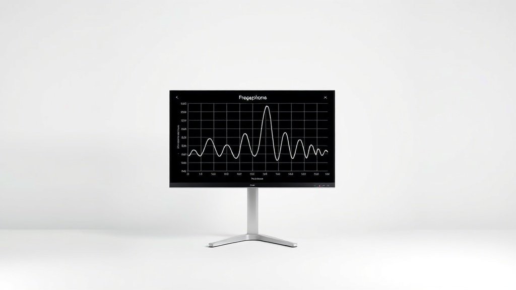 Clean white studio background with a professional headphone frequency response measurement graph displayed on a high resolution monitor. The graph shows typical frequency response curves with clear axis labels. Soft even lighting from the left side creates subtle shadows. Modern minimal aesthetic with deep focus throughout the frame.