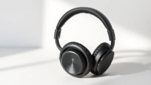 Modern over-ear headphones positioned at slight angle on clean white studio surface with soft directional lighting creating gentle shadows. Premium black finish with visible driver housings and padded headband. Minimal composition highlighting build quality and professional design aesthetic.