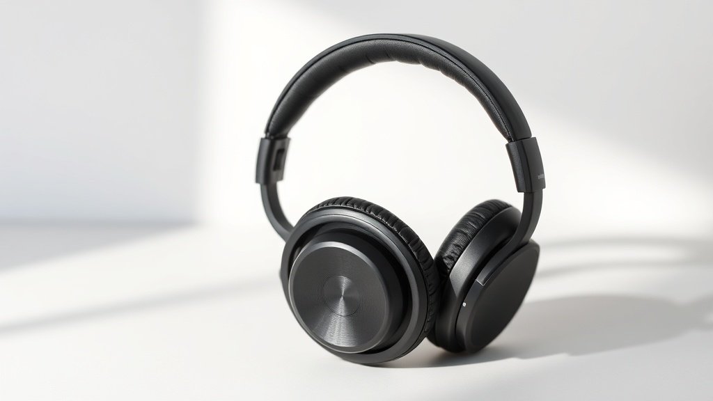 Modern over-ear headphones positioned at slight angle on clean white studio surface with soft directional lighting creating gentle shadows. Premium black finish with visible driver housings and padded headband. Minimal composition highlighting build quality and professional design aesthetic.