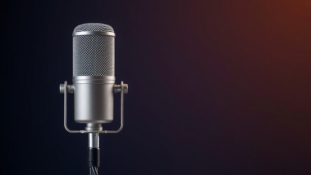 Professional large diaphragm condenser microphone positioned vertically on studio stand against deep navy background. Soft directional lighting highlights metallic grille and body details. Clean minimal product photography style with subtle shadows.