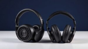 Two premium headphones side by side on clean white surface against deep navy background, one showing open grille design with visible driver, other showing solid closed cups, professional product photography with soft directional lighting highlighting the contrasting back designs