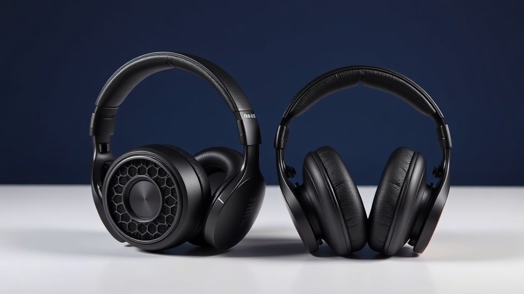 Two premium headphones side by side on clean white surface against deep navy background, one showing open grille design with visible driver, other showing solid closed cups, professional product photography with soft directional lighting highlighting the contrasting back designs