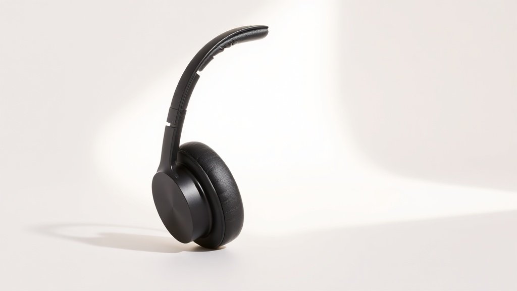 Modern wireless over-ear headphones in matte black positioned at slight angle on clean off-white studio background with soft side lighting creating subtle shadows