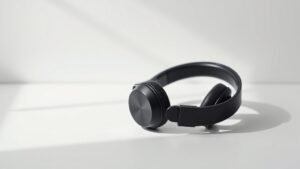 Modern wireless over-ear headphones in matte black positioned on clean white surface with soft directional lighting from left side creating subtle shadows, minimal studio photography style with deep focus