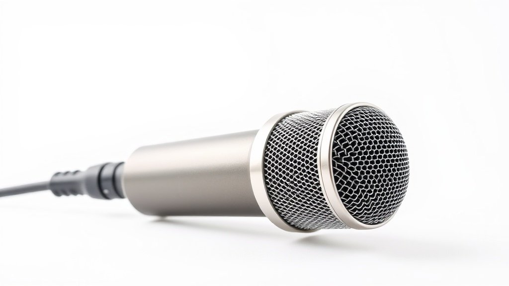 Professional condenser microphone with XLR cable on clean white studio background. Soft side lighting reveals metallic mesh grille and sleek body design. Modern minimal product photography style.