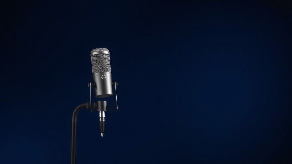 Professional condenser microphone on boom stand against clean deep navy studio background with soft side lighting highlighting the microphone capsule and body details in photorealistic modern minimal style